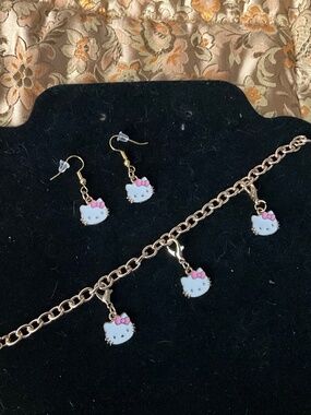 Hello Kitty Charm Jewelry Set 🩷 Earrings + Petite Charm Bracelet Chain | Cute